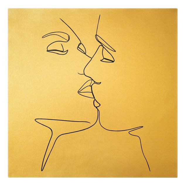 Canvas schilderijen - Goud Line Art Kiss Faces Black And White