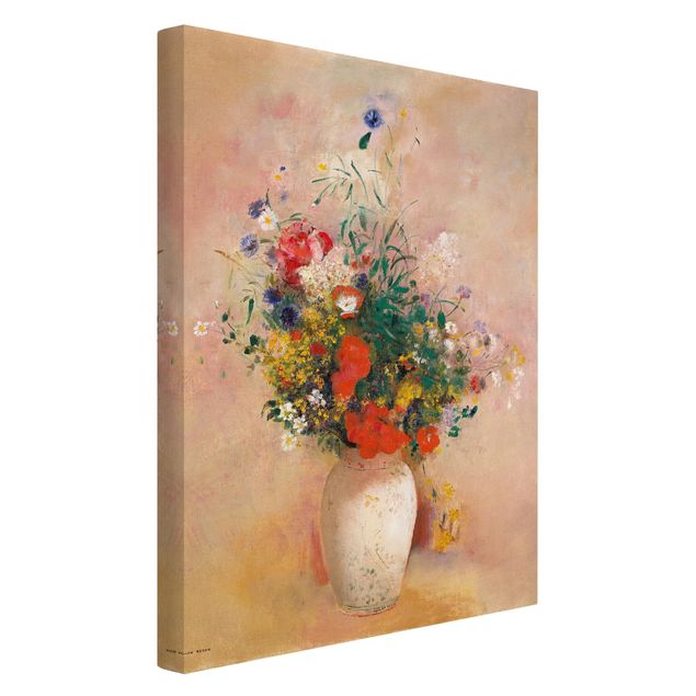 Canvas schilderijen Odilon Redon - Vase With Flowers (Rose-Colored Background)