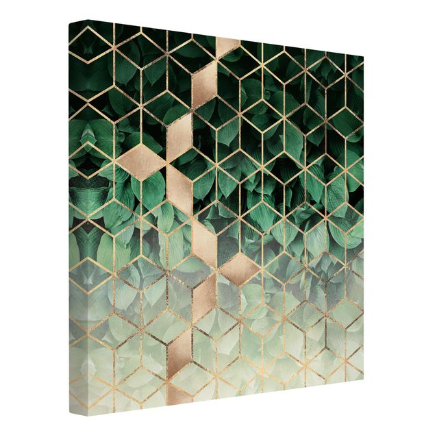 Canvas schilderijen Green Leaves Golden Geometry