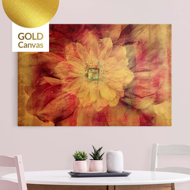 Canvas schilderijen - Goud Grunge Flower