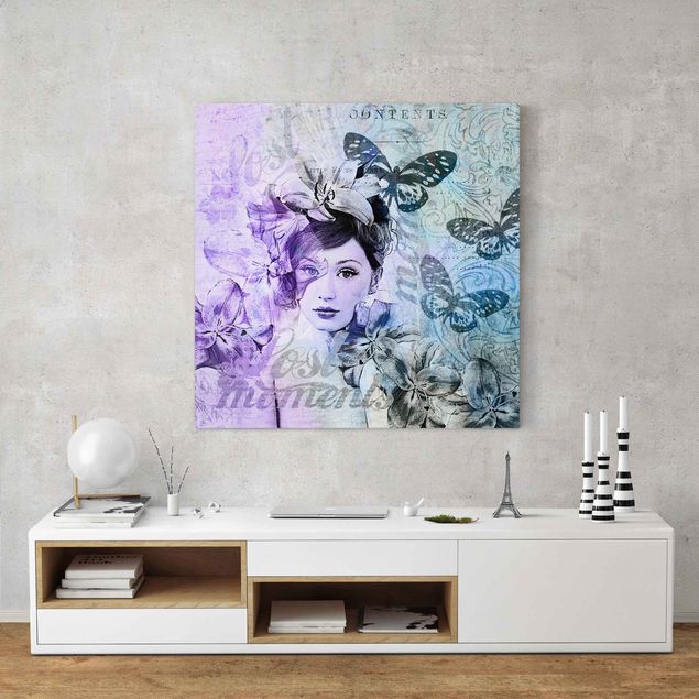 Canvas schilderijen Shabby Chic Collage - Portrait With Butterflies