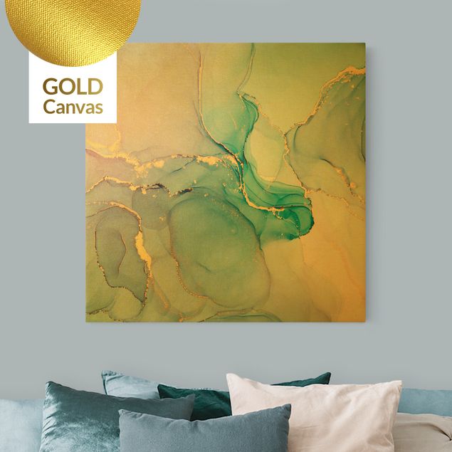 Canvas schilderijen - Goud Watercolour Pastel Turquoise With Gold