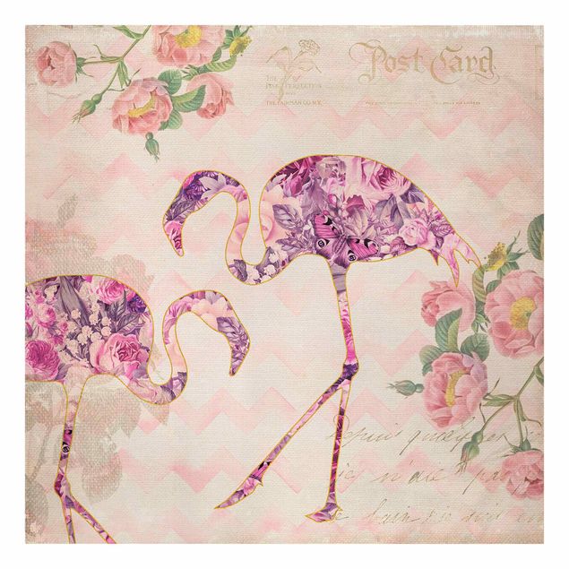 Canvas schilderijen Vintage Collage - Pink Flowers Flamingos