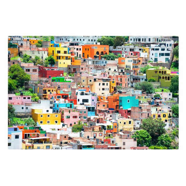 Canvas schilderijen Coloured Houses Front Guanajuato