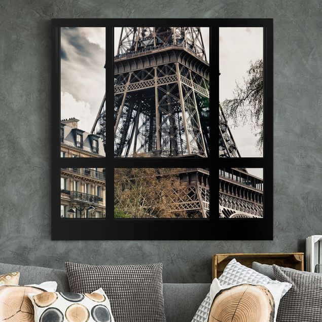 Canvas schilderijen Window view Paris - Near the Eiffel Tower black and white
