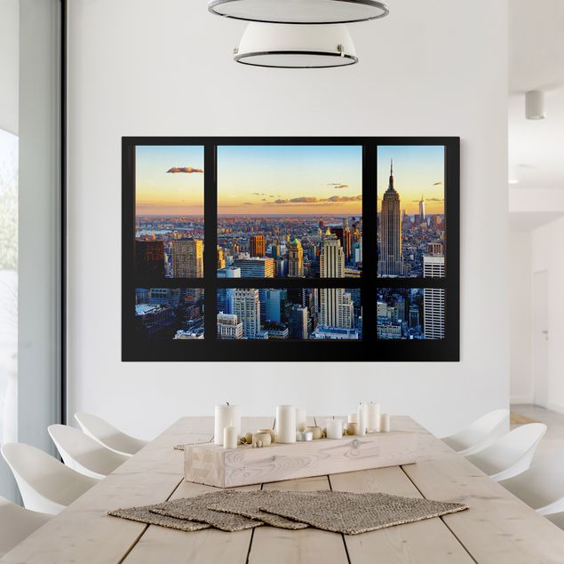 Canvas schilderijen Window view - Sunrise New York