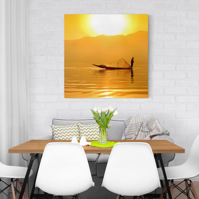 Canvas schilderijen Fisherman And Sunrise