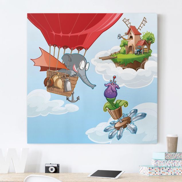 Canvas schilderijen Flying Elephant Farm In The Clouds