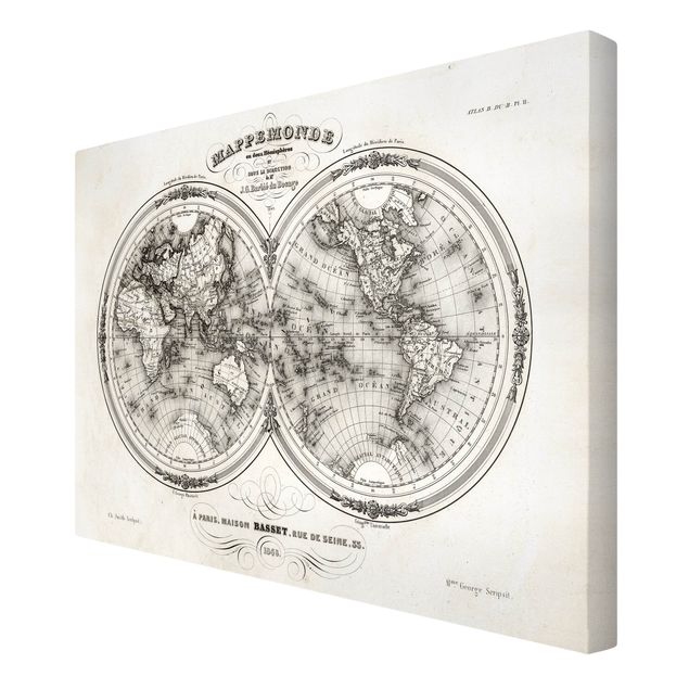 Canvas schilderijen French map of the hemispheres from 1848