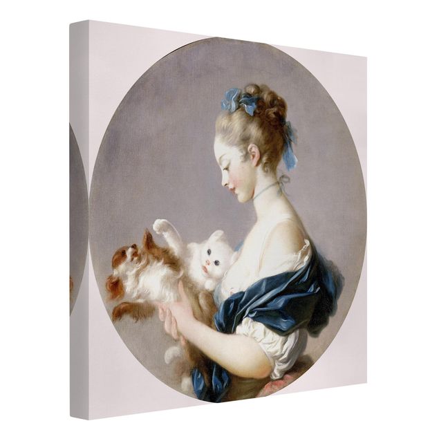 Canvas schilderijen Jean Honoré Fragonard - Girl playing with a Dog and a Cat