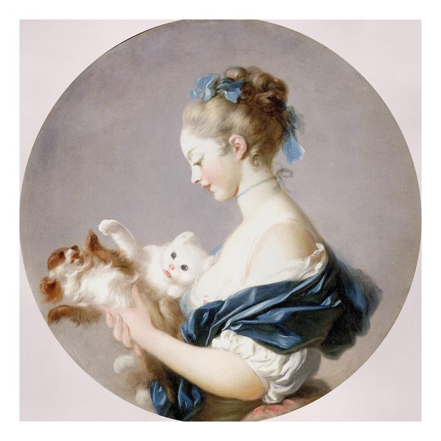 Canvas schilderijen Jean Honoré Fragonard - Girl playing with a Dog and a Cat