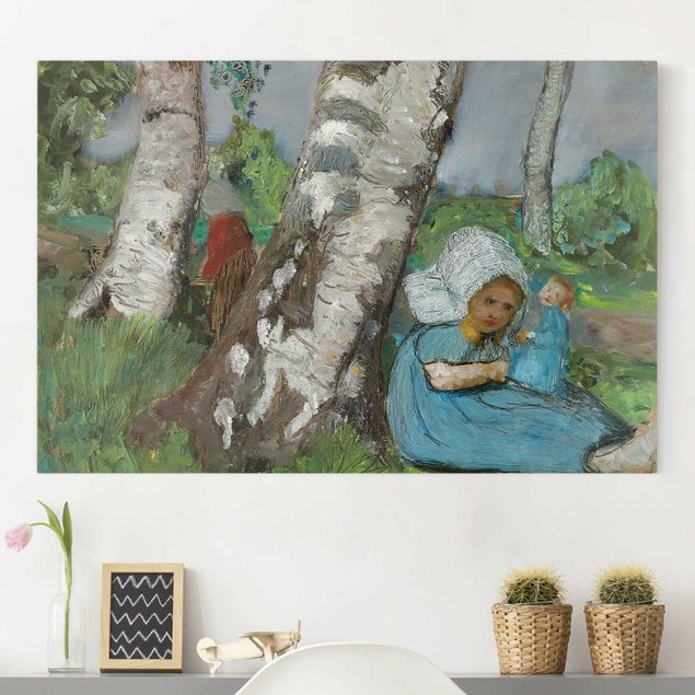 Canvas schilderijen Paula Modersohn-Becker - Child with Doll Sitting on a Birch Trunk