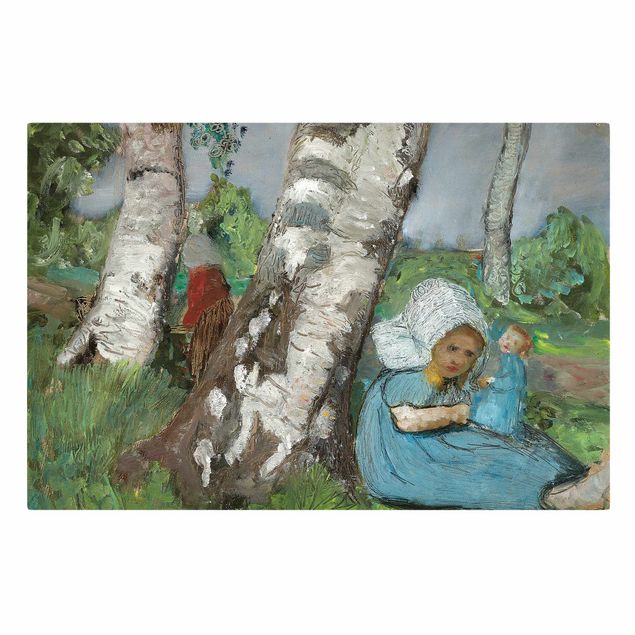 Canvas schilderijen Paula Modersohn-Becker - Child with Doll Sitting on a Birch Trunk