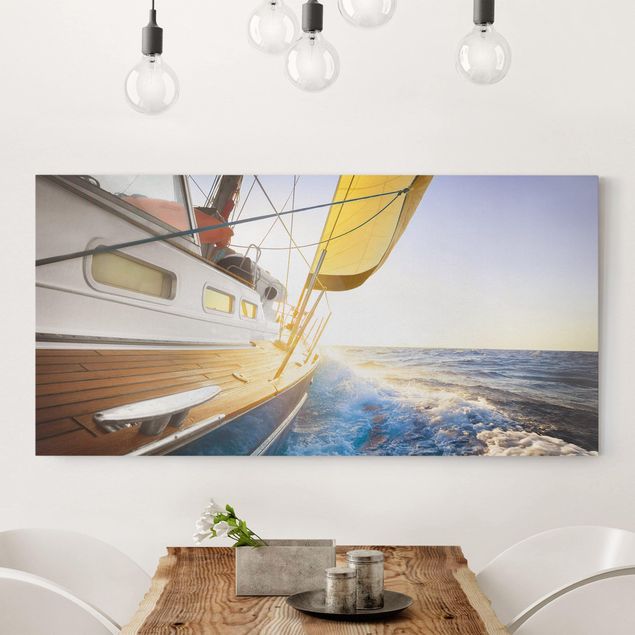 Canvas schilderijen Sailboat On Blue Ocean In Sunshine