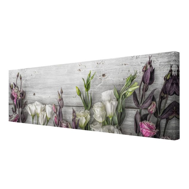Canvas schilderijen Tulip Rose Shabby Wood Look
