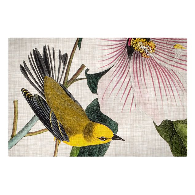 Canvas schilderijen Bird On Linen Yellow I
