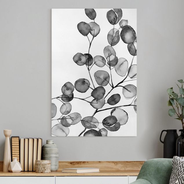 Canvas schilderijen Black And White Eucalyptus Twig Watercolour