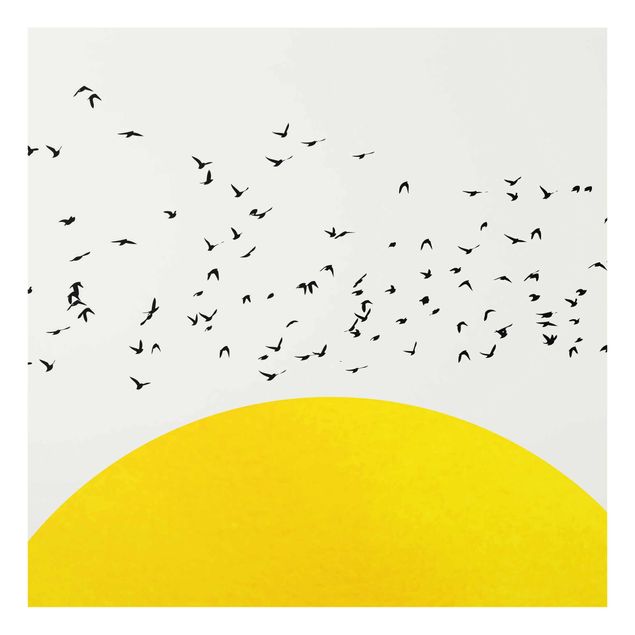 Glasschilderijen Flock Of Birds In Front Of Yellow Sun