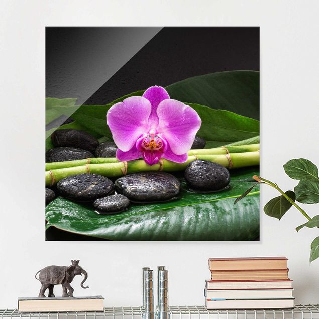 Glas Magnettafel Green Bamboo With Orchid Flower