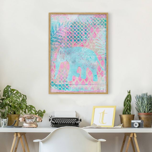 Ingelijste posters Colourful Collage - Elephant In Blue And Pink