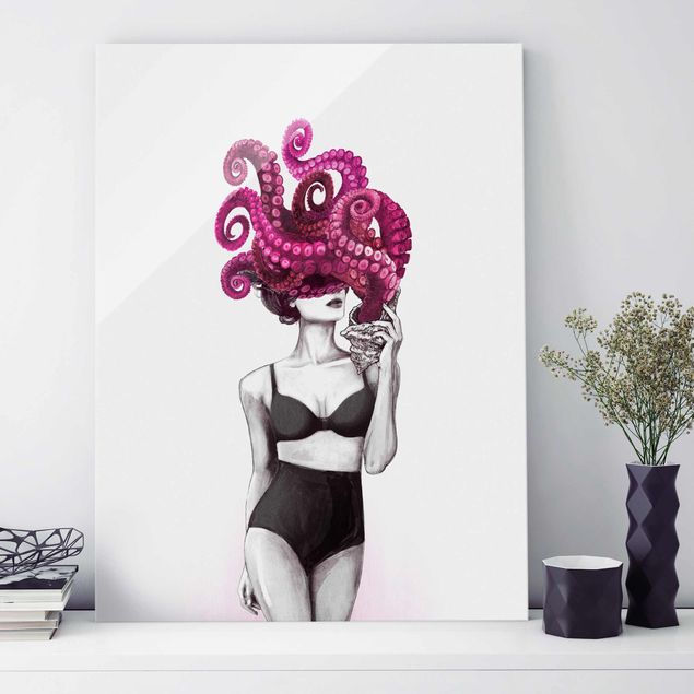 Glasschilderijen Illustration Woman In Underwear Black And White Octopus
