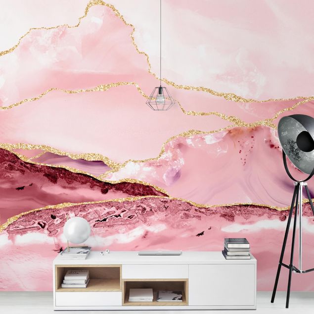 Fotobehang Abstract Mountains Pink With Golden Lines