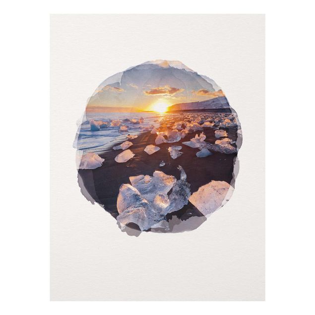 Glasschilderijen WaterColours - Chunks Of Ice On The Beach Iceland