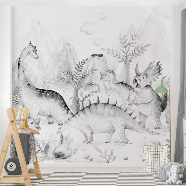Fotobehang Watercolour World Of Dinosaurs Black And White