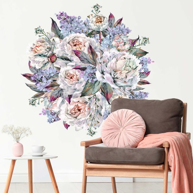 Muurstickers roos Watercolor lilac peonies bouquet xxl