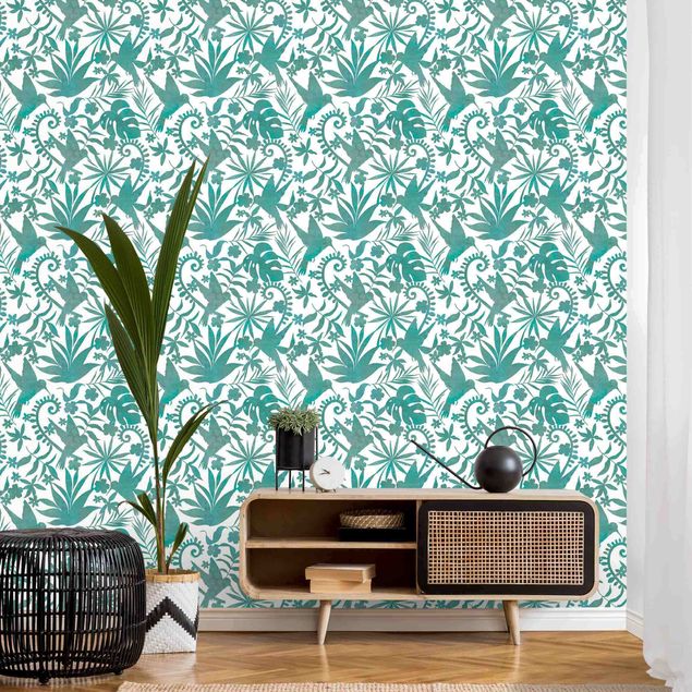 Fotobehang Watercolour Hummingbird And Plant Silhouettes Pattern In Turquoise