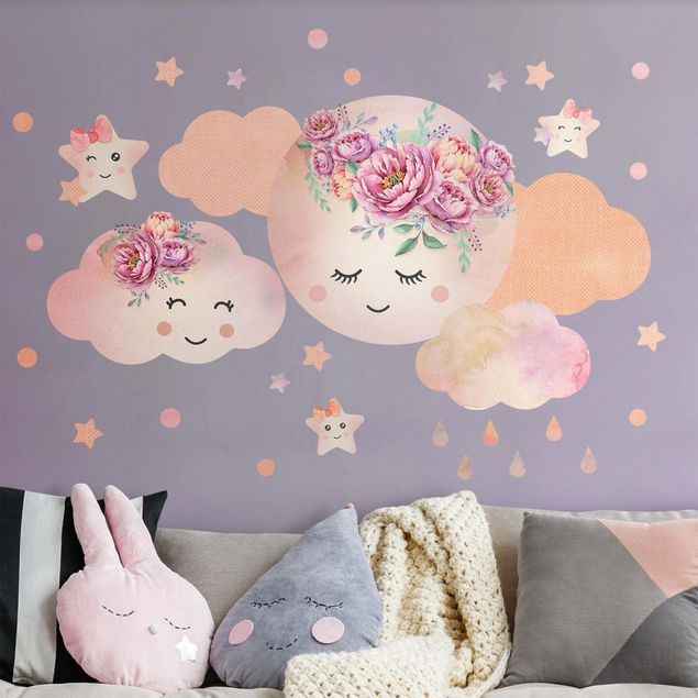 Muurstickers Watercolor moon clouds and stars with roses