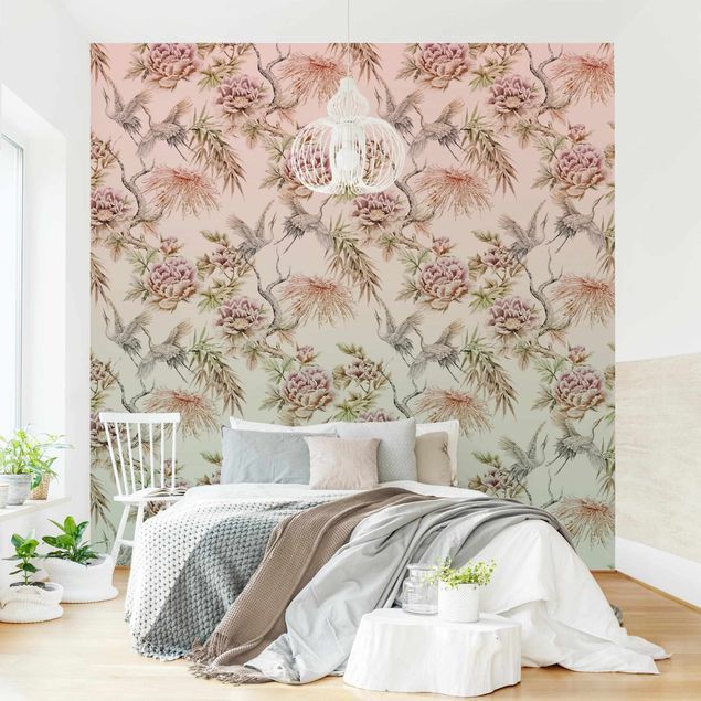 Patroonbehang Watercolour Birds With Large Flowers In Ombre