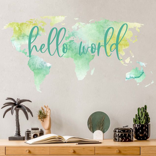 Muurstickers spreuken en quotes Watercolor world map turquoise with desired text