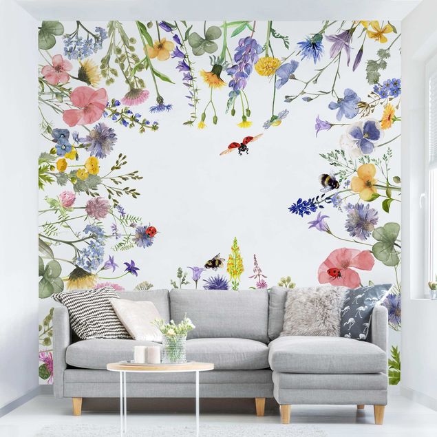 Fotobehang Watercolour Flowers With Ladybirds