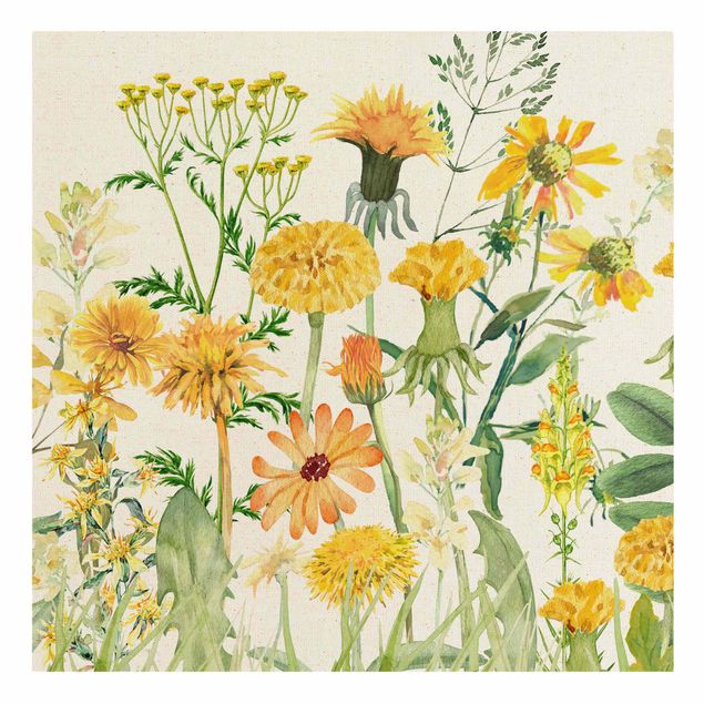 Natuurlijk canvas schilderijen Watercolour Flower Meadow In Gelb