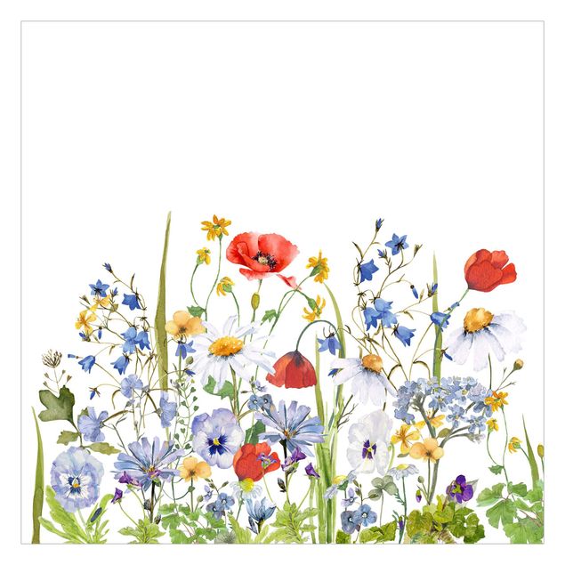 Fotobehang Watercolour Flower Meadow With Poppies