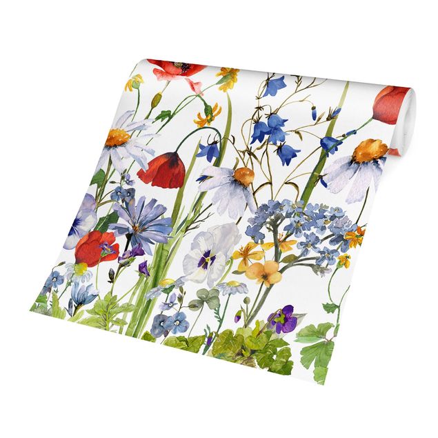 Fotobehang Watercolour Flower Meadow With Poppies