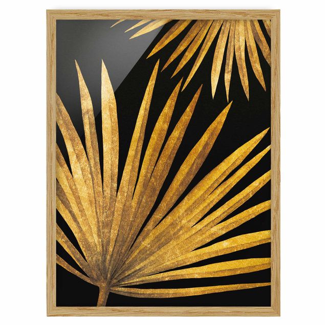 Ingelijste posters Gold - Palm Leaf On Black