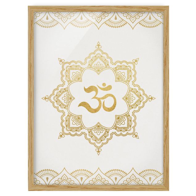 Ingelijste posters Mandala OM Illustration Ornament White Gold