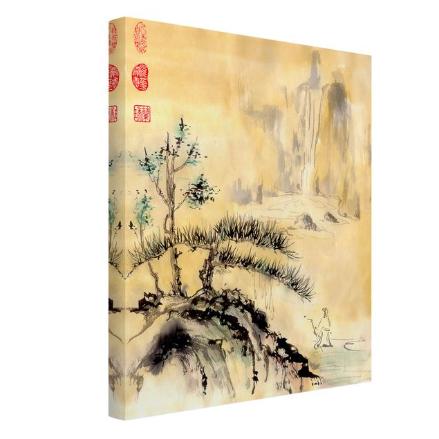 Canvas schilderijen Japanese Watercolour Drawing Cedars And Mountains