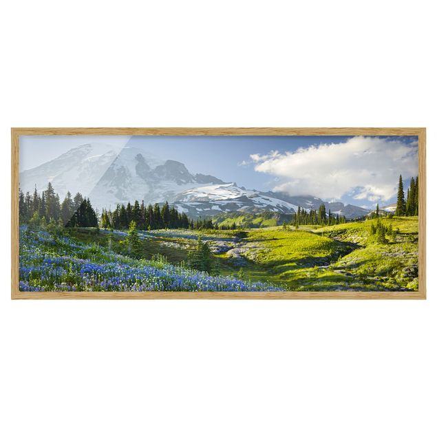 Ingelijste posters - Mountain Meadow With Blue Flowers in Front of Mt. Rainier