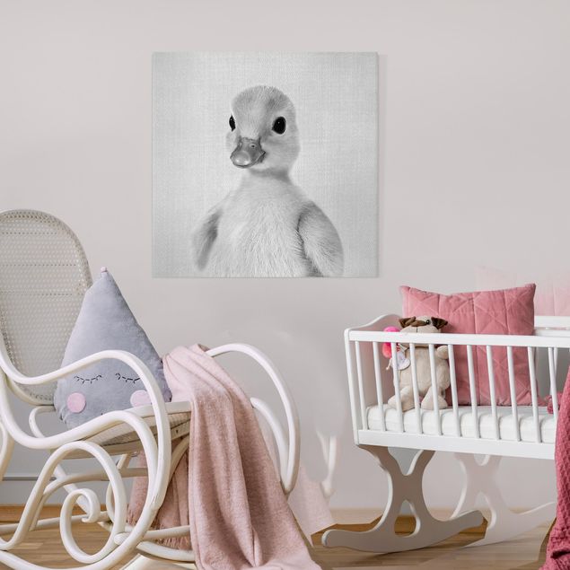 Leinwandbild - Baby Ente Emma Schwarz Weiß - Quadrat 1:1
