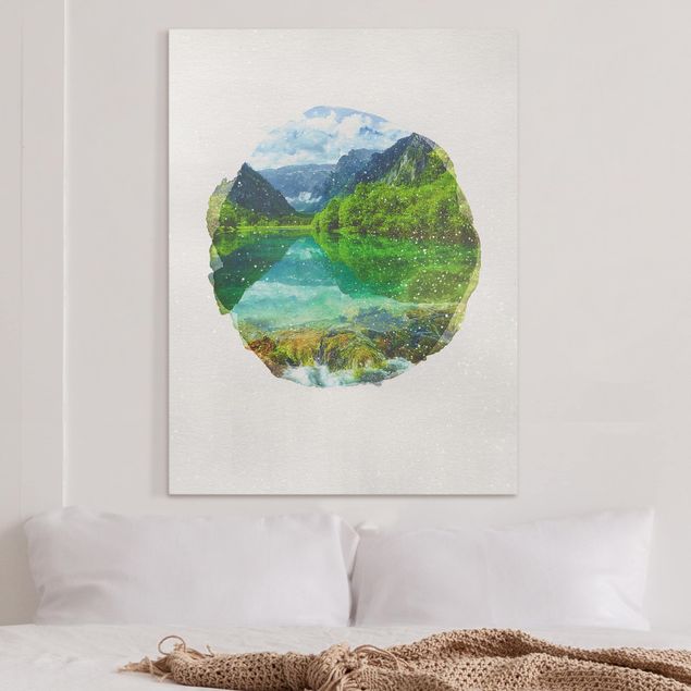 Canvas schilderijen WaterColours - Mountain Lake With Mirroring
