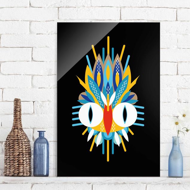 Glas Magnettafel Collage Ethno Mask - Bird Feathers