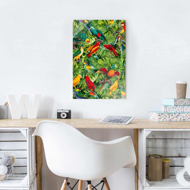 Glasschilderijen Colourful Collage - Parrots In The Jungle