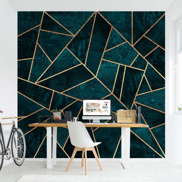 Patroonbehang Dark Turquoise With Gold