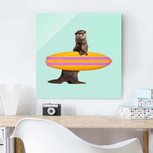 Glasschilderijen Otter With Surfboard
