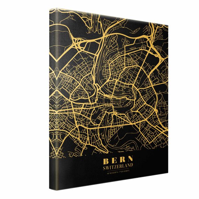 Canvas schilderijen - Goud Bern City Map - Classic Black