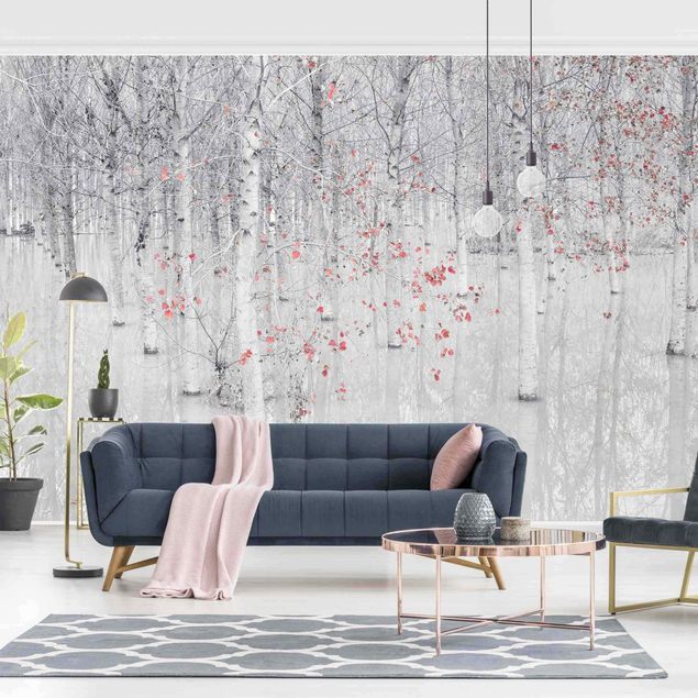 Fotobehang Birch Tree Forest With Light Pink Leaves
