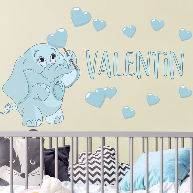 Muurstickers spreuken en quotes Blue baby elephant with many hearts